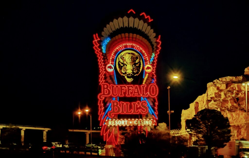 Buffalo Bill's Resort & Casino neon sign at night on Vegas trip
