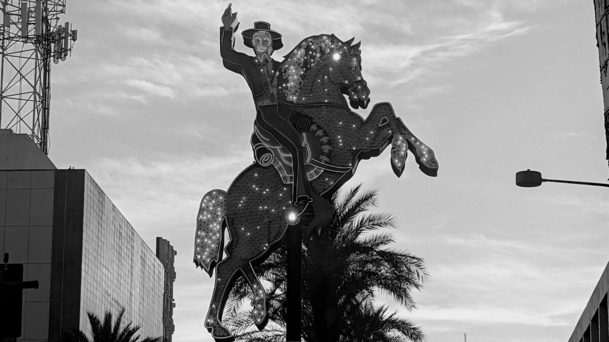 Neon horse and cowboy sign near Fremont Street in Las Vegas