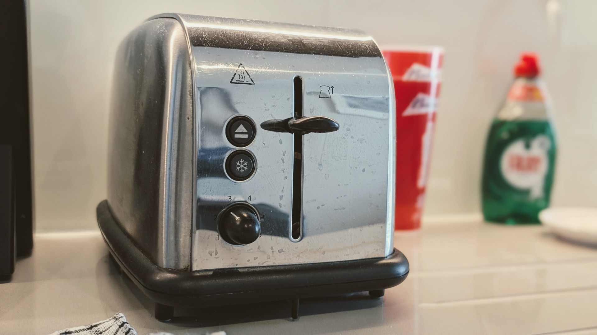Close-up of stainless steel toaster