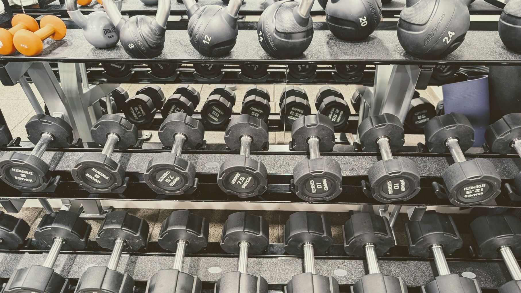 Kettlebells and dumbells on racks at a gym